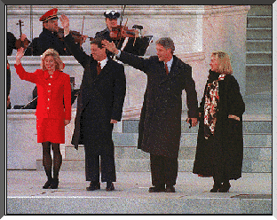 [PHOTO: Clintons & Gores waving to crowd during the '93 Inauguration]