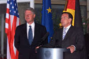 German Chancellor Gerhard Schroeder address the press after his meeting with President Clinton.