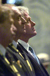 President Vaclav Havel, King Juan Carlos I, and President Clinton attend the prayer service in the Aachen Cathedral.