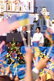 The President greets a roaring, flag-waving crowd at St. Michael's Square, in Kiev.