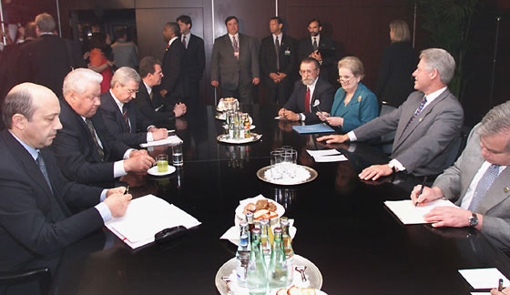 President Clinton and Secretary Albright meet with Russian President Boris Yeltsin and members of his delegation at Cologne's Renaissance Hotel.