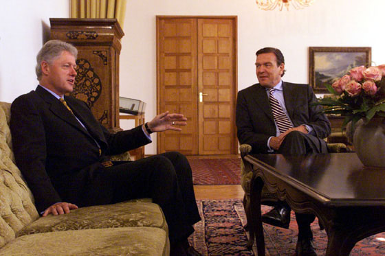 President Clinton and Chancellor Schroeder discuss issues during an early morning meeting at the Palais Schaumburg in Bonn.