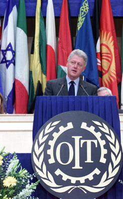 The President addresses the International Labor Organization Conference at the United Nations Assembly Hall in Geneva.