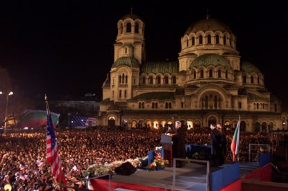 Tens of thousands of cheering people gathered in front of Alexander Nevski Cathedral in Sofia to hear President Clinton speak to the people of Bulgaria.