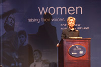 First Lady Hillary Rodham Clinton addresses the audience at a Vital Voices event at the Belfast Opera House in Belfast, Northern Ireland