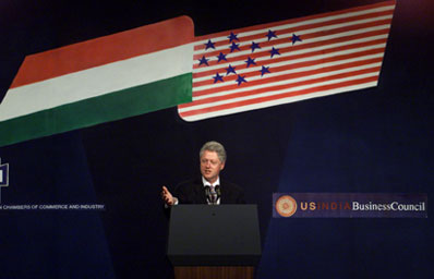 President Clinton makes remarks to the business reception at the Mumbai Stock Exchange.