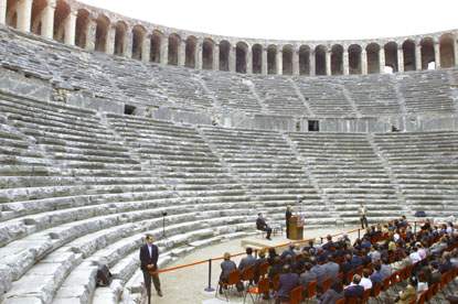 Mrs. Clinton visits Aspendos, known for its well-preserved theater, which seats 15,000 and is still in use today.
