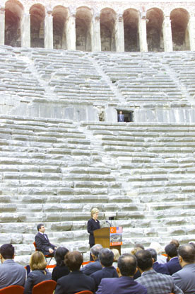 With the ancient Aspendos amphitheater as a backdrop, the First Lady speaks about the importance of cultural preservation.