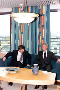 President Clinton meets with Norwegian Prime Minister Kjell Magne Bondevik at the Prime Minister's Office in Oslo.