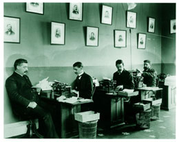 President William McKinley's staff prepares letters using manual typewriters - long before today's high-speed computers!